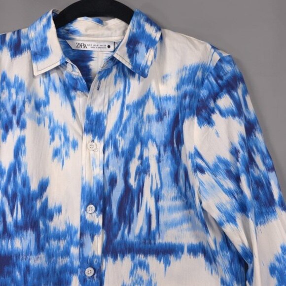 NWT ZARA Printed Poplin Button Up Shirt Blue White Women’s SMALL 3134/153/400 - Picture 8 of 12